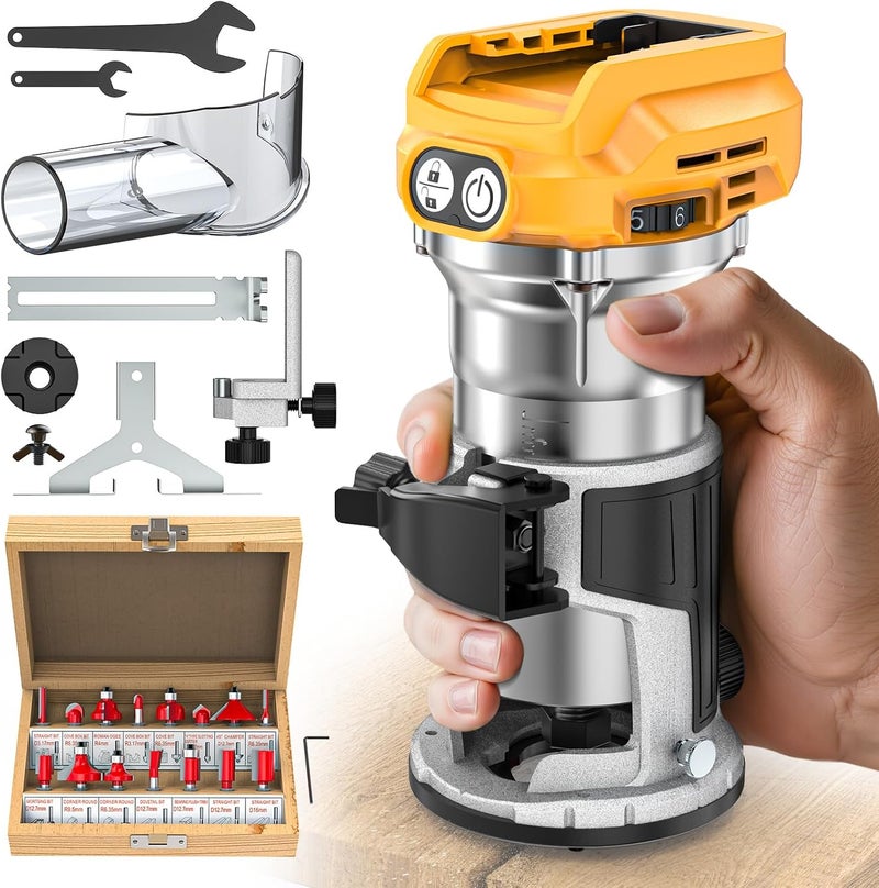 MtiolHig Cordless Compact Router Compatible with DeWalt 20V Battery, With 15Pcs Router Bits 6 Variable Speeds for Woodworking, 800W Fixed Base Wood Router With Trim Bits, Edge & Roller Guide - Image 1